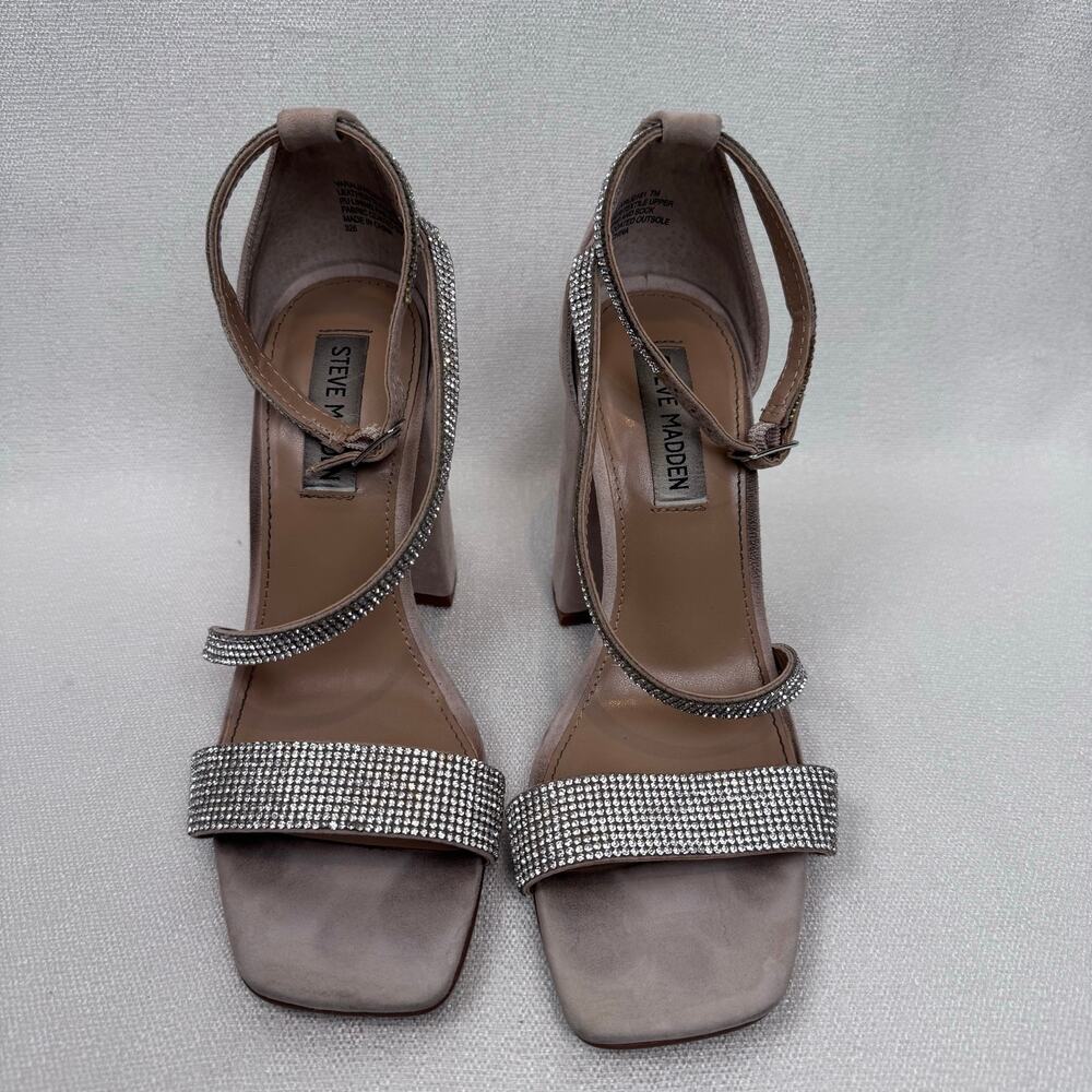 Steve Madden Tia Rhinestone Silver Block Heel Leather Textile Upper WMS Size 7M